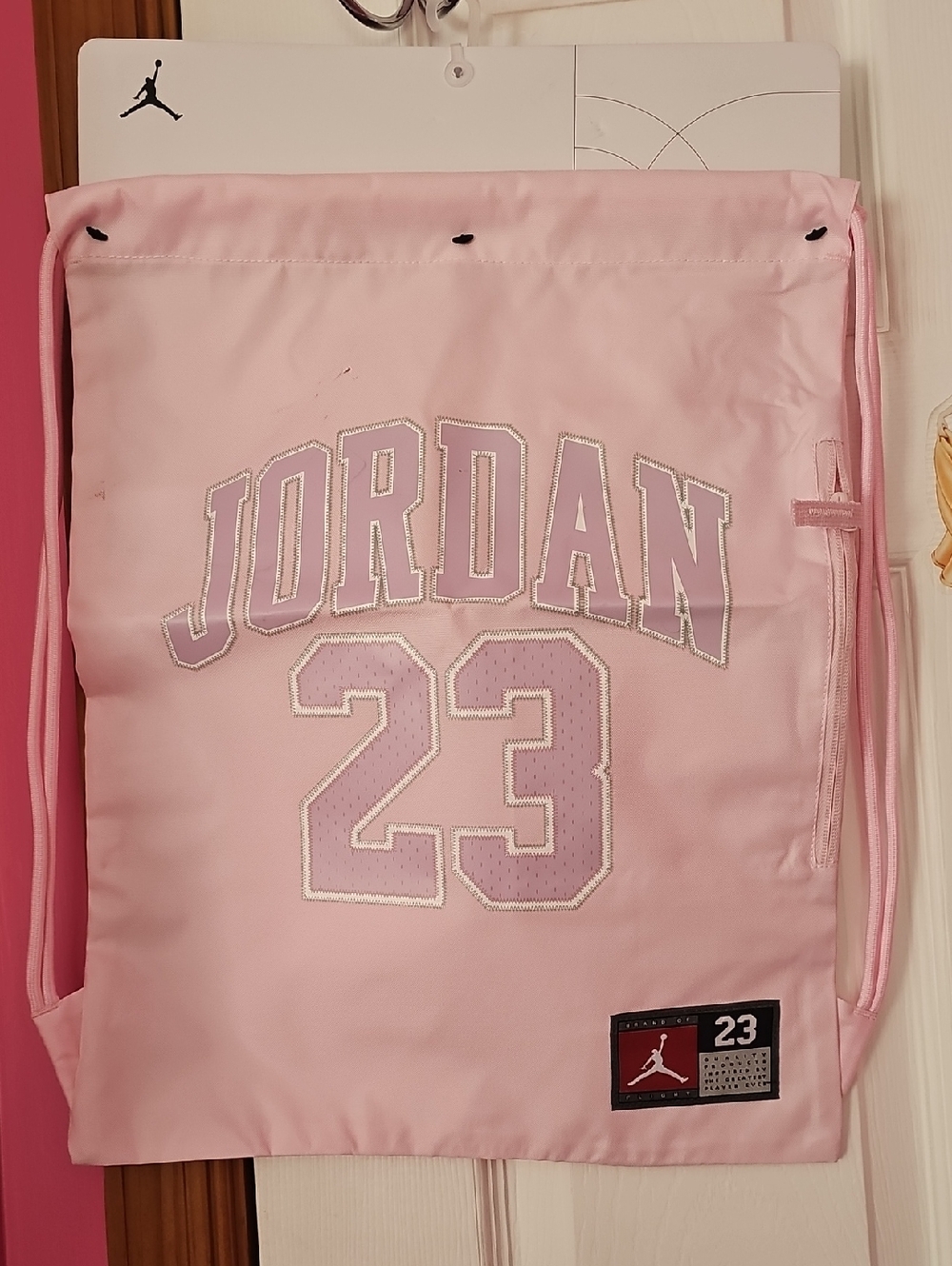 Jordan Pink Drawstring Backpack with 23 Graphic